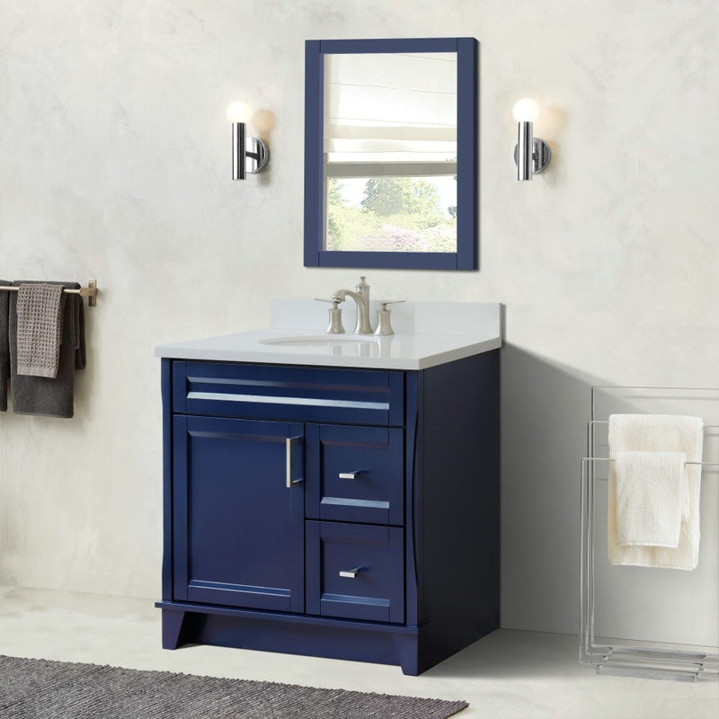 Bellaterra Home 400700-37L-BU-WEOC Terni 37" vanity, Blue, white engineered stone top, installed in a bathroom