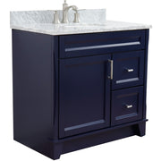 Bellaterra Home 400700-37L-BU-WMOC Terni 37" vanity, Blue, White Carrara marble top, angled view on a white background