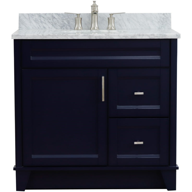 Bellaterra Home 400700-37L-BU-WMOC Terni 37" vanity, Blue, White Carrara marble top, front view on a white background
