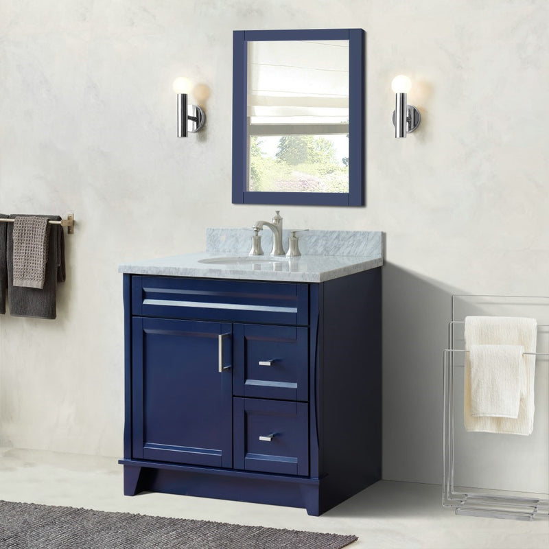 Bellaterra Home 400700-37L-BU-WMOC Terni 37" vanity, Blue, White Carrara marble top, installed in a bathroom