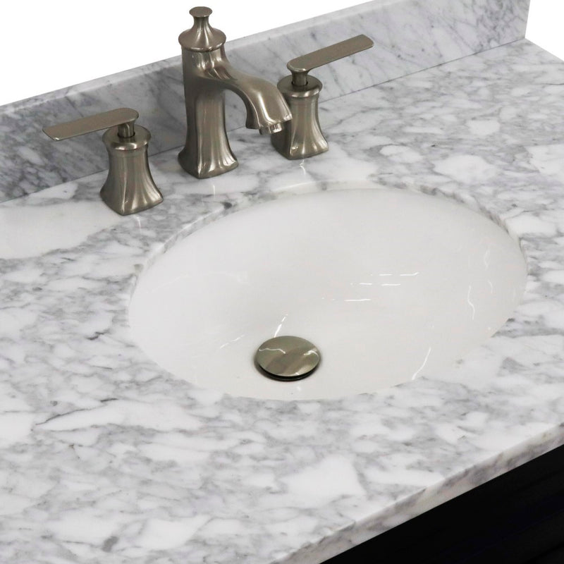 Bellaterra Home 400700-37L-BU-WMOC Terni 37" vanity, Blue, White Carrara marble top, countertop and sink close-up
