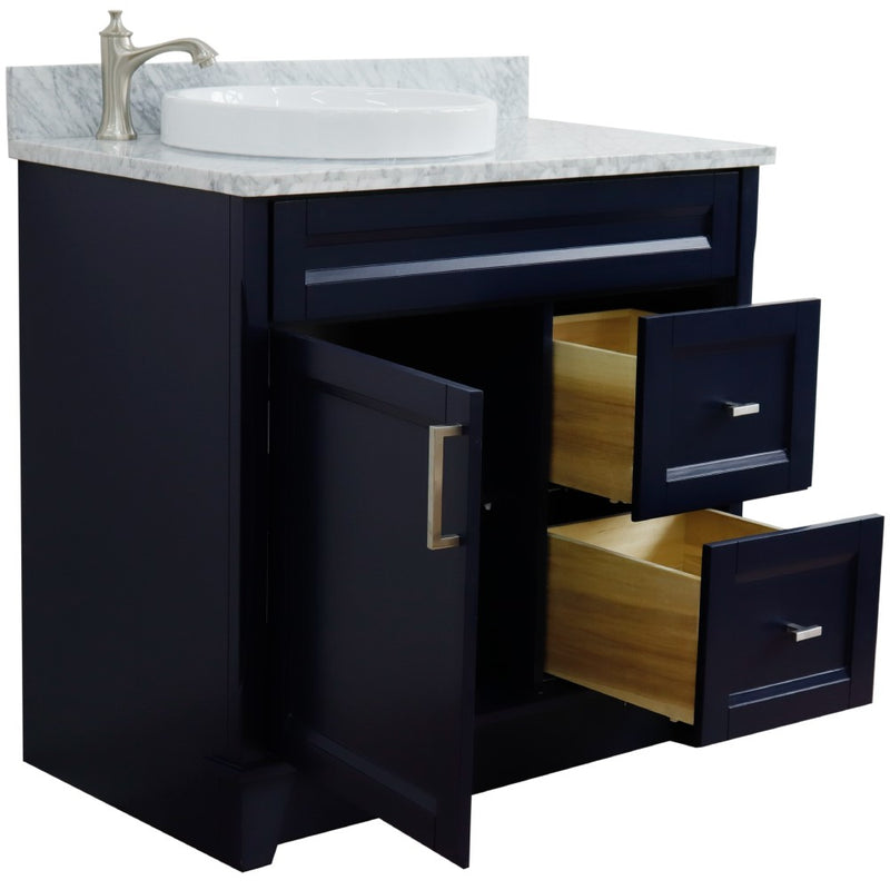 Bellaterra Home 400700-37L-BU-WMRDL Terni 37" vanity, Blue, White Carrara marble top, angled view with the drawer open