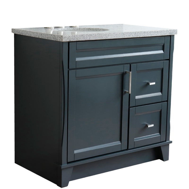 Bellaterra Home 400700-37L-DG-GYOL Terni 37" vanity, Dark Gray, gray granite top, angled view with doors closed