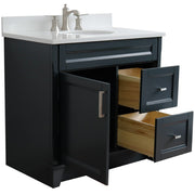 Bellaterra Home 400700-37L-DG-WEOC Terni 37" vanity, Dark Gray, white engineered stone top, angled view with the drawer open