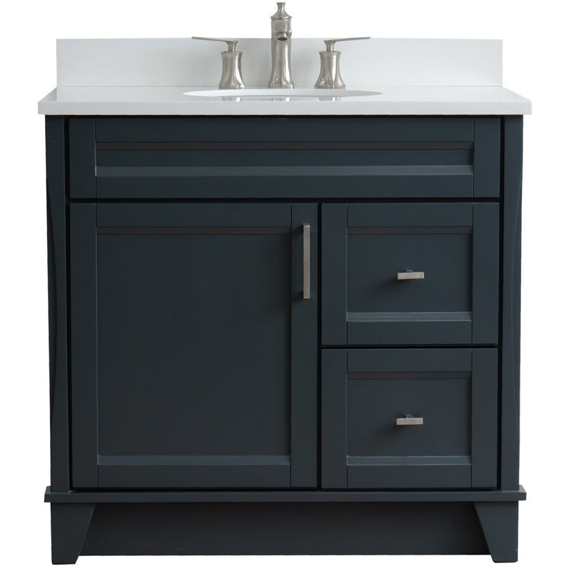 Bellaterra Home 400700-37L-DG-WEOC Terni 37" vanity, Dark Gray, white engineered stone top, front view on a white background