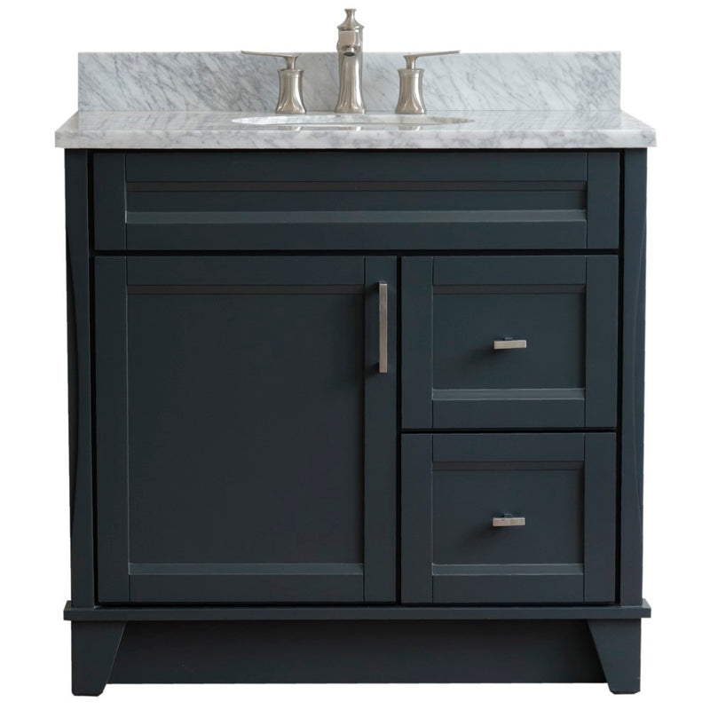 Bellaterra Home 400700-37L-DG-WMOC Terni 37" vanity, Dark Gray, White Carrara marble top, front view on a white background
