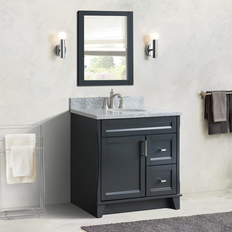 Bellaterra Home 400700-37L-DG-WMOC Terni 37" vanity, Dark Gray, White Carrara marble top, installed in a bathroom