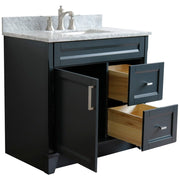 Bellaterra Home 400700-37L-DG-WMRC Terni 37" vanity, Dark Gray, White Carrara marble top, angled view with the drawer open
