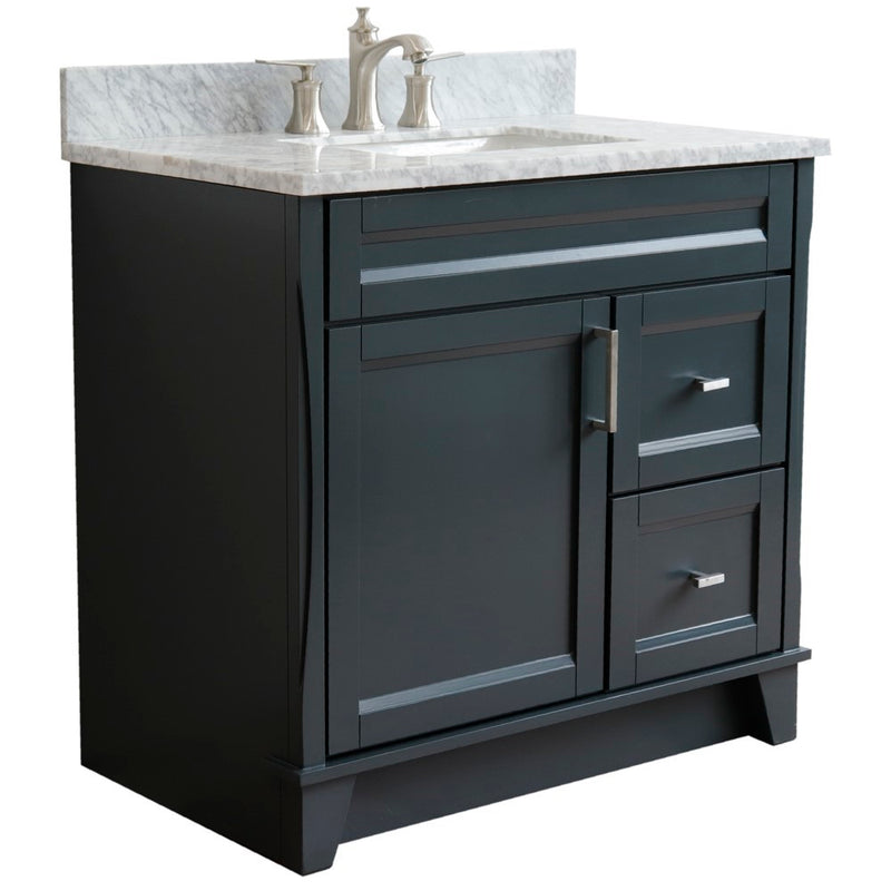 Bellaterra Home 400700-37L-DG-WMRC Terni 37" vanity, Dark Gray, White Carrara marble top, angled view on a white background