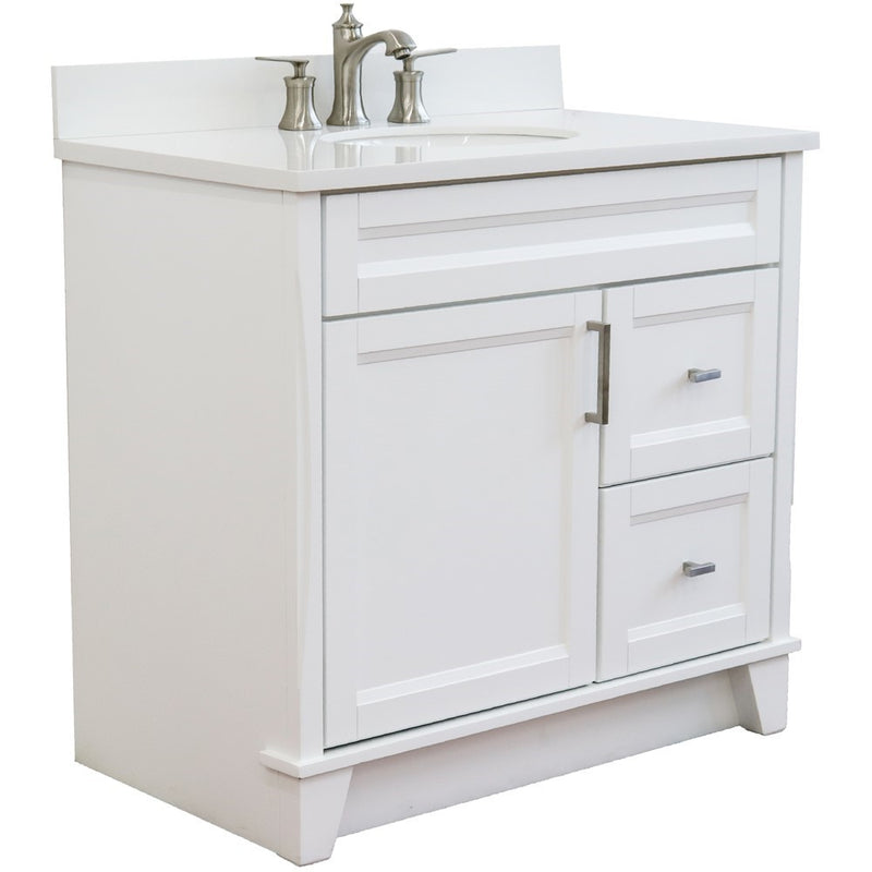 Bellaterra Home 400700-37L-WH-WEOC Terni 37" vanity, White, white engineered stone top, angled view on a white background
