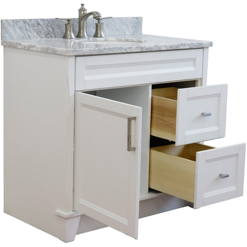 Bellaterra Home 400700-37L-WH-WMOC Terni 37" vanity, White, White Carrara marble top, angled view with the drawer open