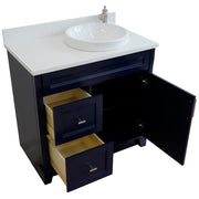 Bellaterra Home 400700-37R-BU-WERDR Terni 37" vanity, Blue, white engineered stone top, angled view with doors open showing