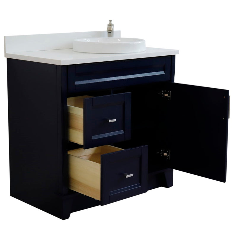 Bellaterra Home 400700-37R-BU-WERDR Terni 37" vanity, Blue, white engineered stone top, angled view with the drawer open