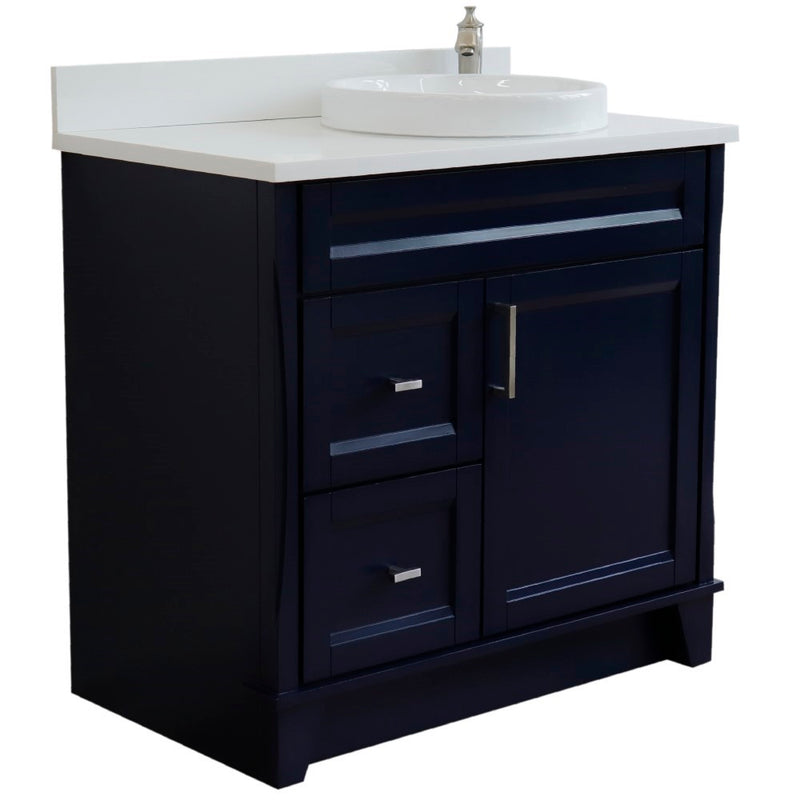 Bellaterra Home 400700-37R-BU-WERDR Terni 37" vanity, Blue, white engineered stone top, angled view on a white background