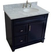 Bellaterra Home 400700-37R-BU-WMOR Terni 37" vanity, Blue, White Carrara marble top, angled view with doors closed