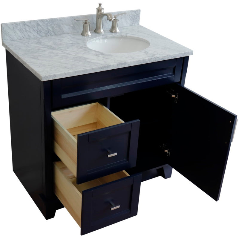 Bellaterra Home 400700-37R-BU-WMOR Terni 37" vanity, Blue, White Carrara marble top, angled view with doors open showing the
