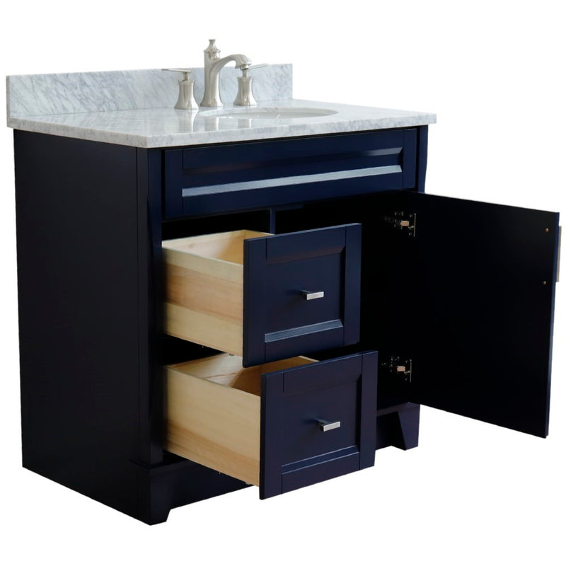 Bellaterra Home 400700-37R-BU-WMOR Terni 37" vanity, Blue, White Carrara marble top, angled view with the drawer open