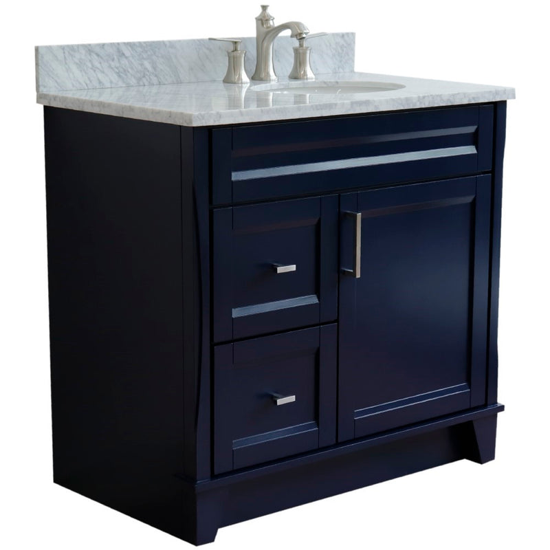 Bellaterra Home 400700-37R-BU-WMOR Terni 37" vanity, Blue, White Carrara marble top, angled view on a white background