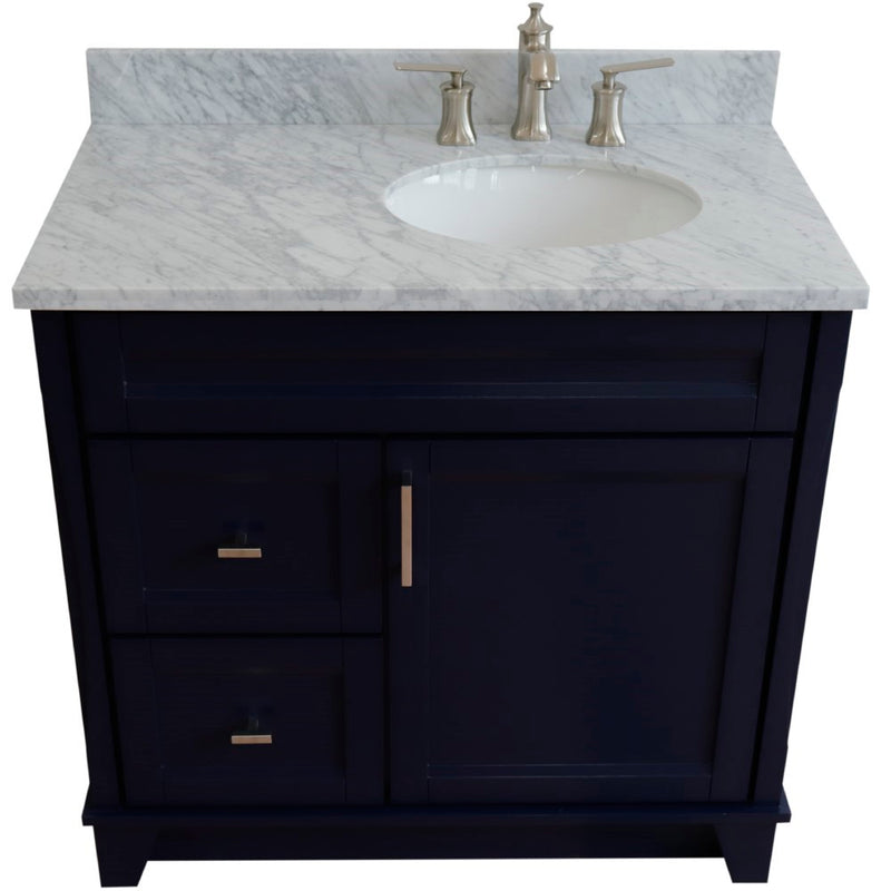 Bellaterra Home 400700-37R-BU-WMOR Terni 37" vanity, Blue, White Carrara marble top, elevated front