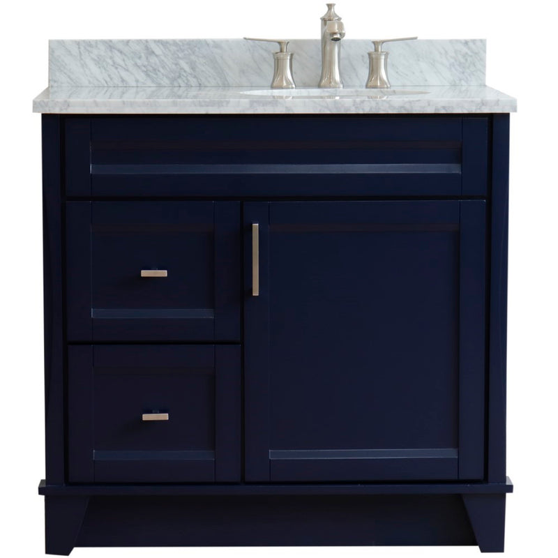 Bellaterra Home 400700-37R-BU-WMOR Terni 37" vanity, Blue, White Carrara marble top, front view on a white background