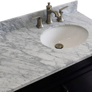 Bellaterra Home 400700-37R-BU-WMOR Terni 37" vanity, Blue, White Carrara marble top, countertop and sink close-up