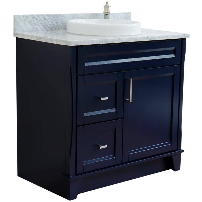 Bellaterra Home 400700-37R-BU-WMRDC Terni 37" vanity, Blue, White Carrara marble top, angled view on a white background
