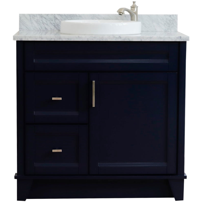 Bellaterra Home 400700-37R-BU-WMRDC Terni 37" vanity, Blue, White Carrara marble top, front view on a white background