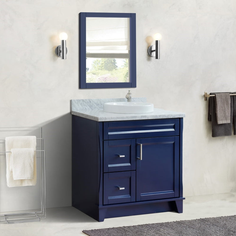 Bellaterra Home 400700-37R-BU-WMRDC Terni 37" vanity, Blue, White Carrara marble top, installed in a bathroom