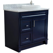 Bellaterra Home 400700-37R-BU-WMRDR Terni 37" vanity, Blue, White Carrara marble top, angled view on a white background