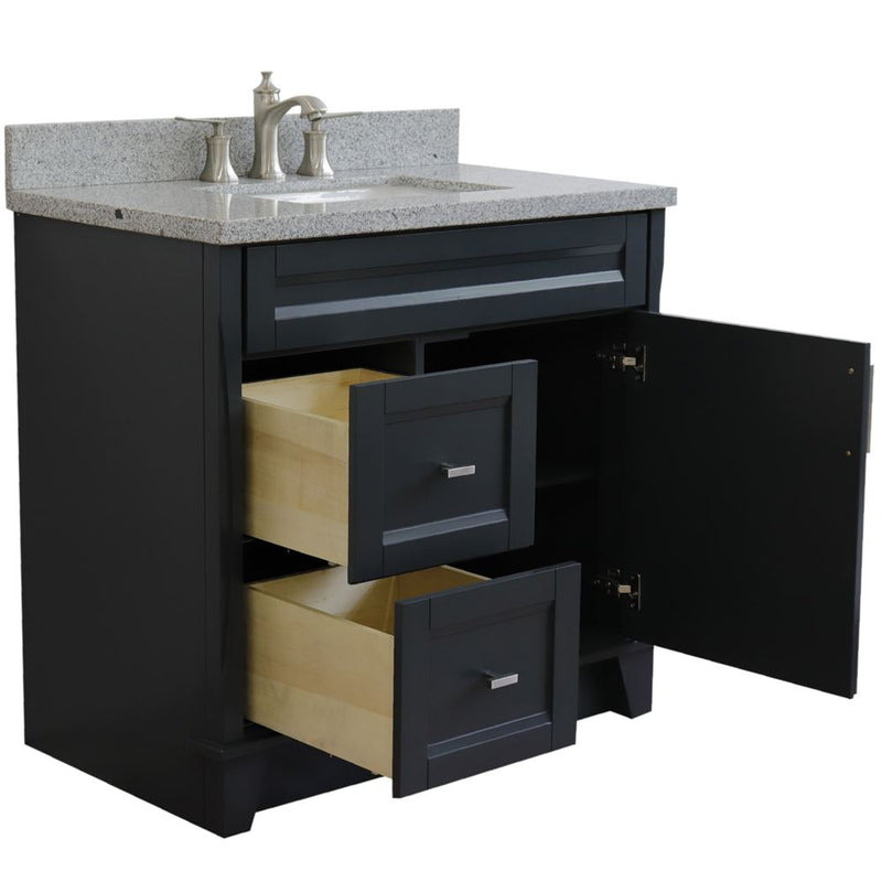 Bellaterra Home 400700-37R-DG-GYRC Terni 37" vanity, Dark Gray, gray granite top, angled view with the drawer open