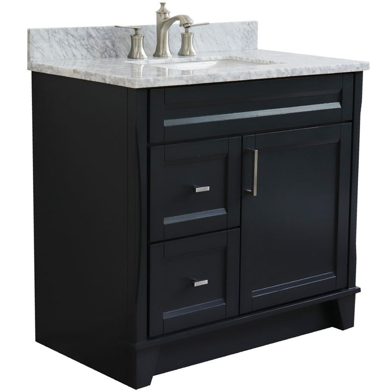 Bellaterra Home 400700-37R-DG-WMRC Terni 37" vanity, Dark Gray, White Carrara marble top, angled view with doors closed