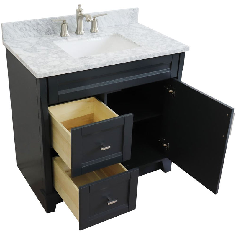Bellaterra Home 400700-37R-DG-WMRC Terni 37" vanity, Dark Gray, White Carrara marble top, angled view with doors open