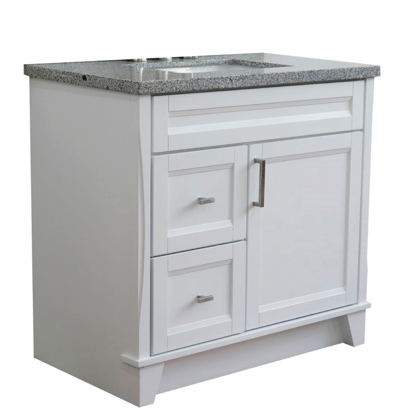 Bellaterra Home 400700-37R-WH-GYRC Terni 37" vanity, White, gray granite top, angled view with doors closed