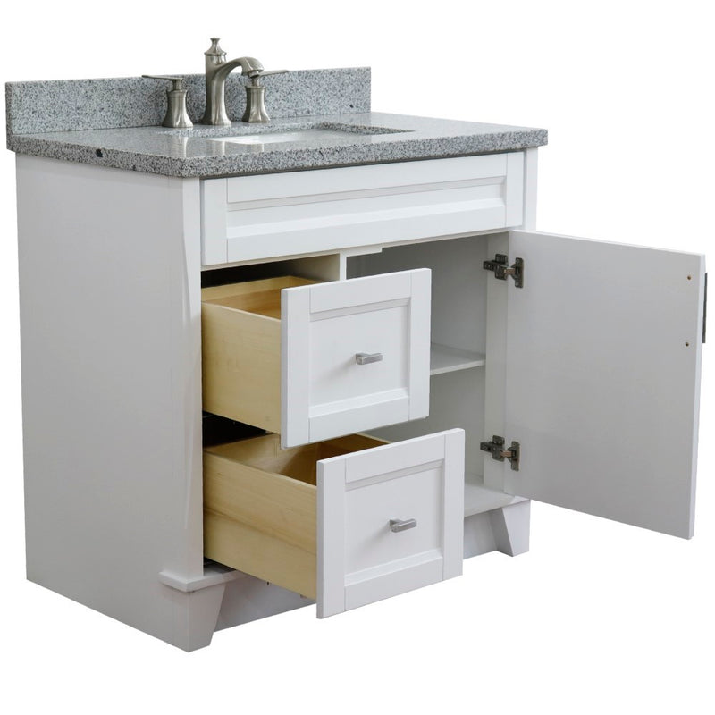 Bellaterra Home 400700-37R-WH-GYRC Terni 37" vanity, White, gray granite top, angled view with doors open showing the shelf