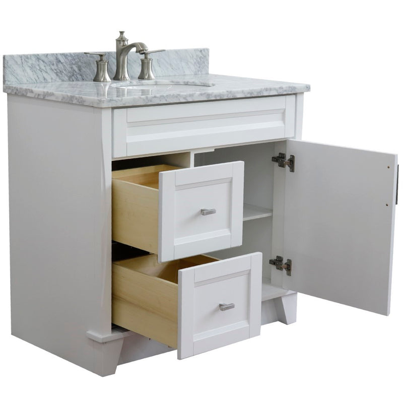 Bellaterra Home 400700-37R-WH-WMOC Terni 37" vanity, White, White Carrara marble top, angled view with doors open showing