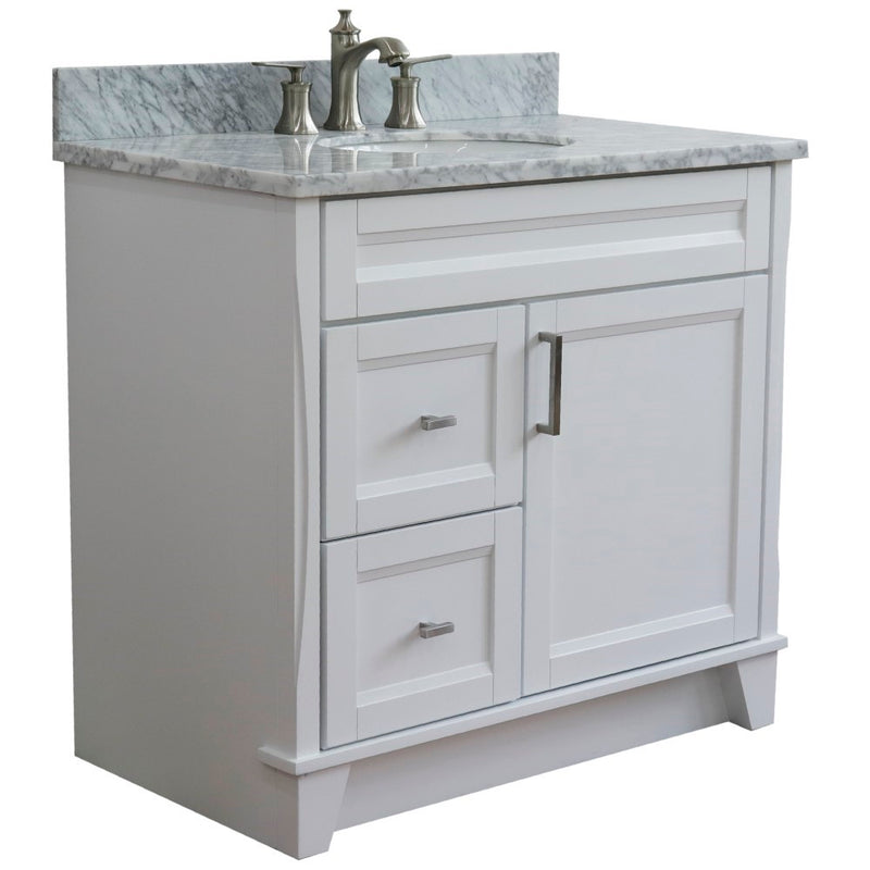 Bellaterra Home 400700-37R-WH-WMOC Terni 37" vanity, White, White Carrara marble top, angled view on a white background