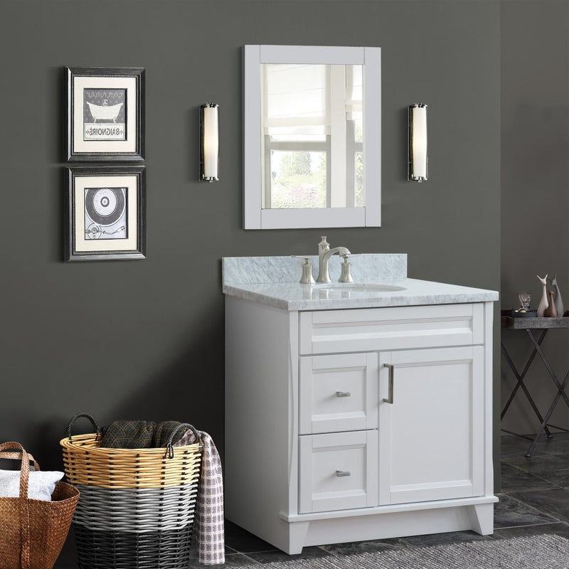 Bellaterra Home 400700-37R-WH-WMOC Terni 37" vanity, White, White Carrara marble top, installed in a bathroom