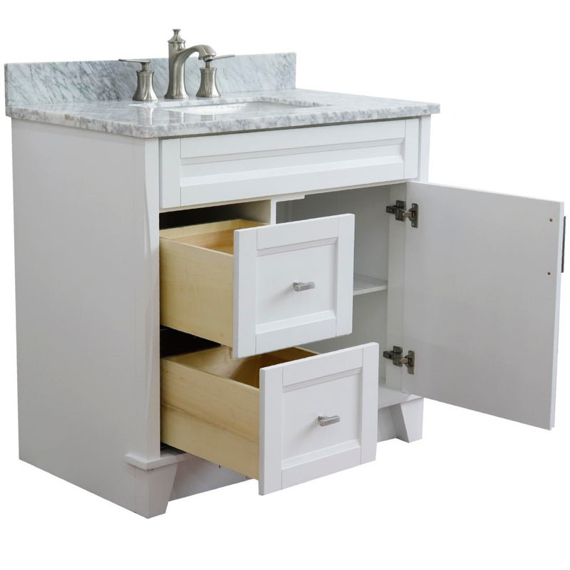 Bellaterra Home 400700-37R-WH-WMRC Terni 37" vanity, White, White Carrara marble top, angled view with doors open showing