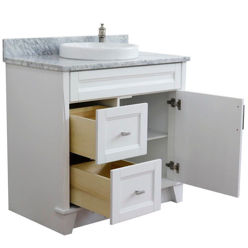 Bellaterra Home 400700-37R-WH-WMRDC Terni 37" vanity, White, White Carrara marble top, angled view with doors open showing