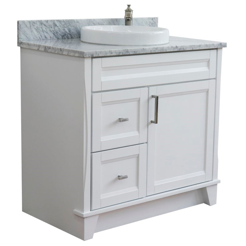 Bellaterra Home 400700-37R-WH-WMRDC Terni 37" vanity, White, White Carrara marble top, angled view on a white background