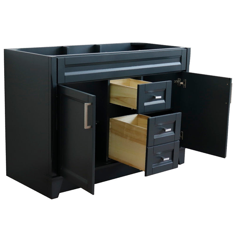 Bellaterra Home 400700-48D-DG Terni 48" vanity cabinet, Dark Gray, angled view with doors open showing the shelf