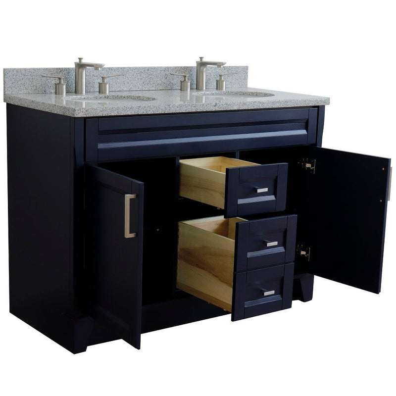 Bellaterra Home 400700-49D-BU-GYO Terni 49" vanity, Blue, gray granite top, angled view with doors open showing the shelf