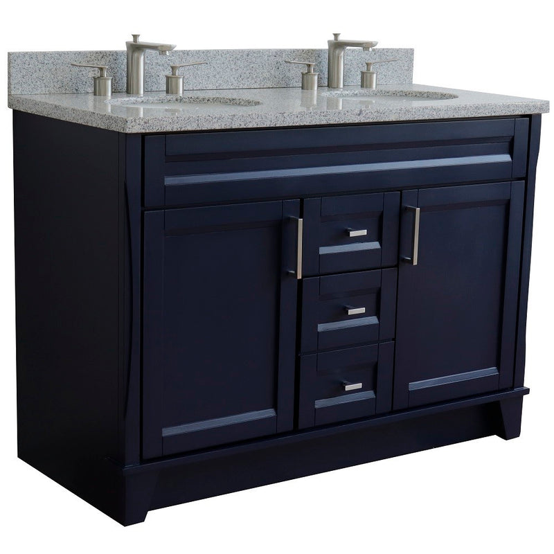 Bellaterra Home 400700-49D-BU-GYO Terni 49" vanity, Blue, gray granite top, angled view on a white background