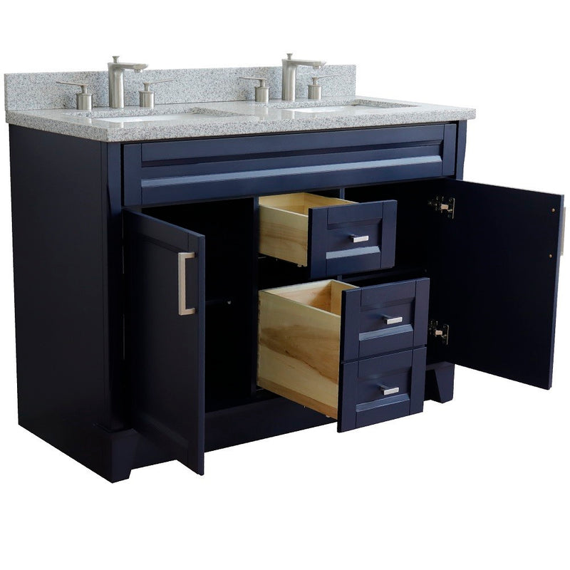 Bellaterra Home 400700-49D-BU-GYR Terni 49" vanity, Blue, gray granite top, angled view with doors open showing the shelf