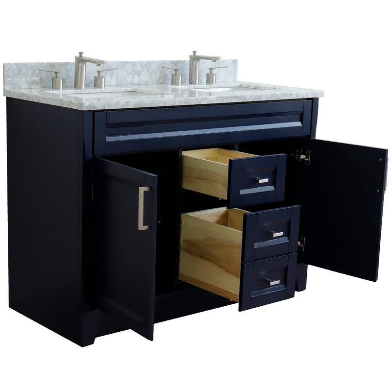 Bellaterra Home 400700-49D-BU-WMR Terni 49" vanity, Blue, White Carrara marble top, angled view with doors open showing the