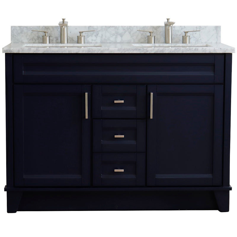 Bellaterra Home 400700-49D-BU-WMR Terni 49" vanity, Blue, White Carrara marble top, front view on a white background