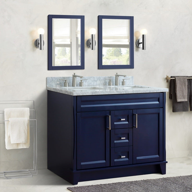 Bellaterra Home 400700-49D-BU-WMR Terni 49" vanity, Blue, White Carrara marble top, installed in a bathroom
