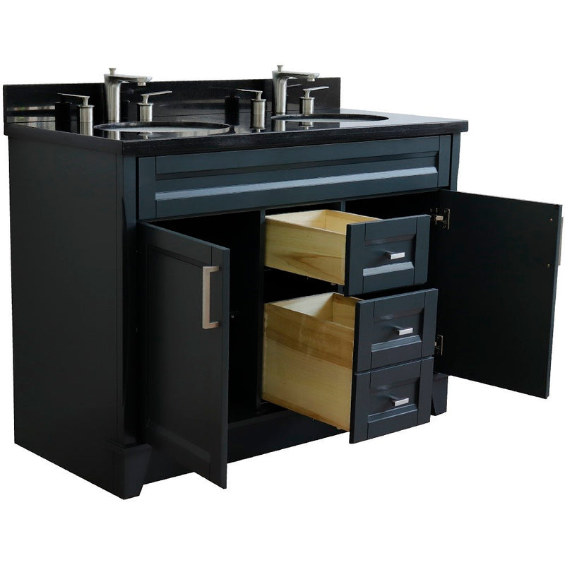 Bellaterra Home 400700-49D-DG-BGO Terni 49" vanity, Dark Gray, Black Galaxy granite top, angled view with doors open showing