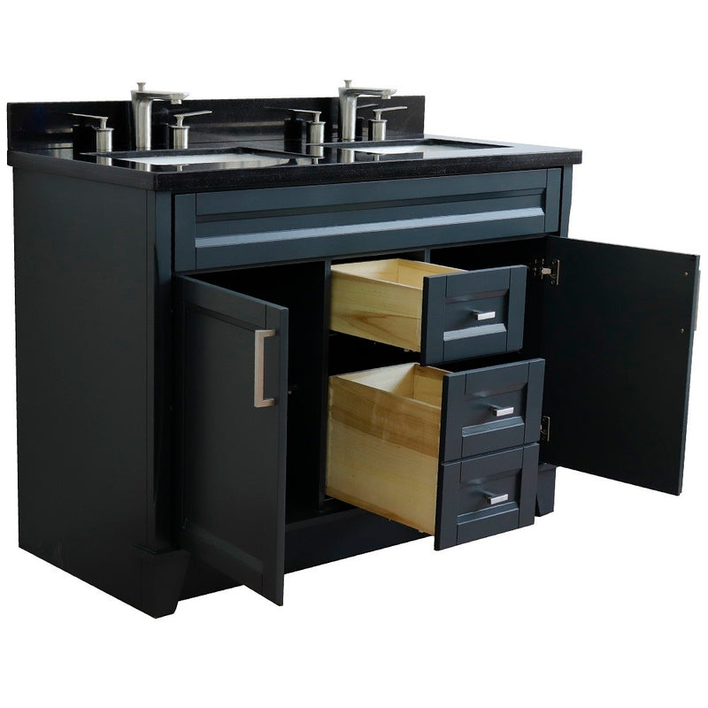 Bellaterra Home 400700-49D-DG-BGR Terni 49" vanity, Dark Gray, Black Galaxy granite top, angled view with doors open showing
