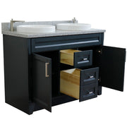 Bellaterra Home 400700-49D-DG-GYRD Terni 49" vanity, Dark Gray, gray granite top, angled view with doors open showing the
